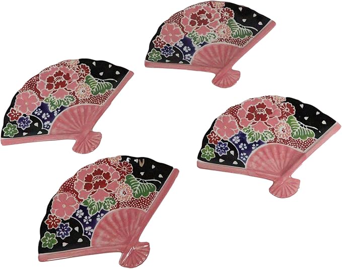 Ebros Pack Of 4 Colorful Oriental Folding Fan Shaped Appetizer Sushi Dessert Serving Dish Plates Decorative Asian Themed Artistic Dinner Lunch Serveware Plate Set (Pink Floral Garden Blooms)