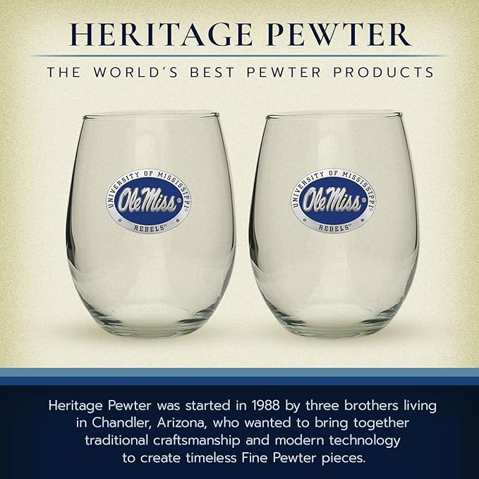 Heritage Pewter Ole Miss Rebels Stemless Glass Goblets – Set of 2 | 15 OZ Goblet Wine Glasses | Expertly Crafted Pewter Glass