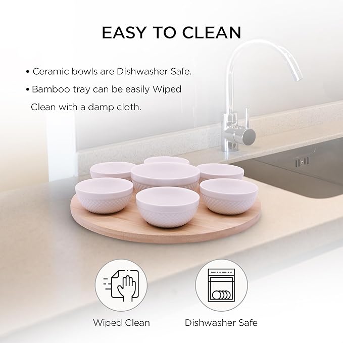 Rotating Bamboo Serving Tray with 6 Small Ceramic Condiment Bowls and 1 Larger Center Bowl - Lazy Susan Style Elegant Serving Set for Dips, Snacks, Appetizers, and More
