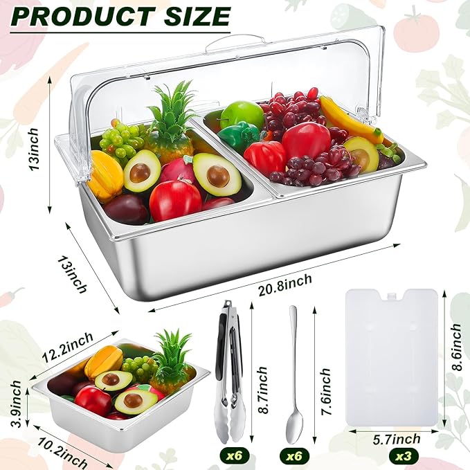 Tessco for you 16 Pcs Ice Food Spice Serving Display Countertop Chilled Condiment Container Set with Lid, Stainless Steel Salad Cold Caddy for Buffet Restaurant Kitchen Party(2 Compartments)