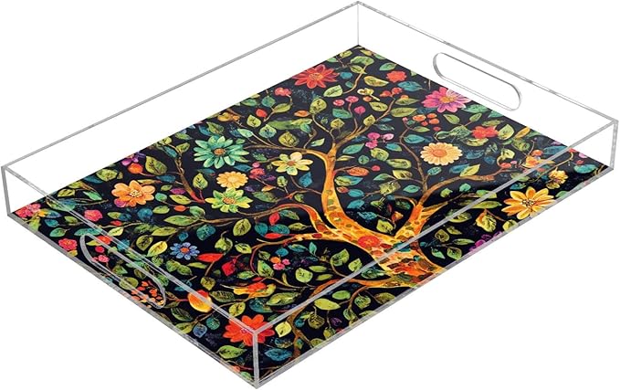 Serving Tray with Handles Clear Acrylic Tray 12x16 Inch Decorative Rectangular Tray Organizer for Ottoman Coffee Table Bathroom Tree of Life Floral Leaves Black