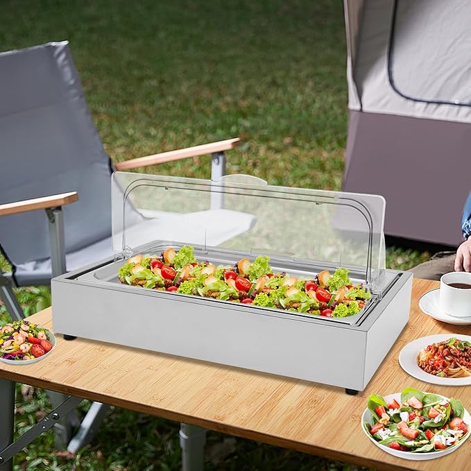 Countertop Ice Food Serving Display Tray with Clear Roll Top, 6L Chilled Serving Tray, Cold Serving Cooler Platter, Cooling Food Dishes Display Plate Case for Party (Single Compartment)