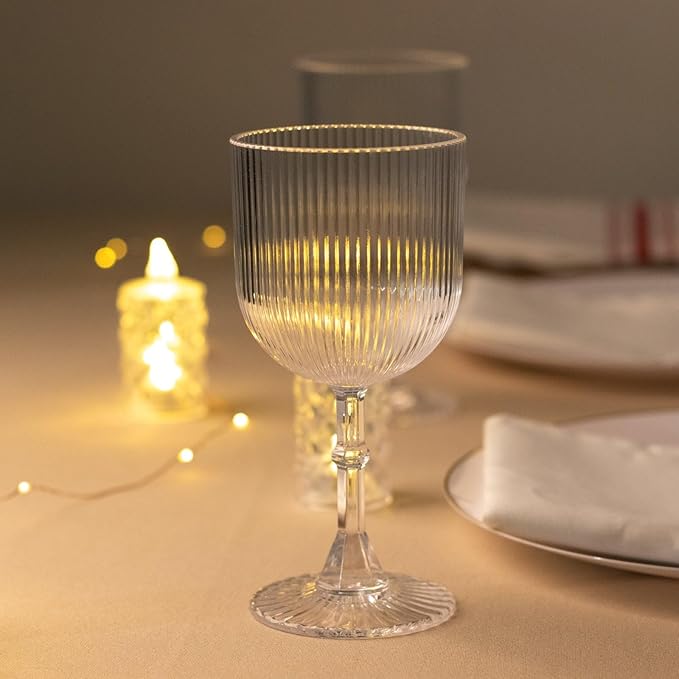 TCF Linen 12 Pack Clear Plastic Wine Goblets, 9oz Ribbed Reusable Shatterproof Drinkware for Weddings Parties Catering Cocktails and Desserts Cups
