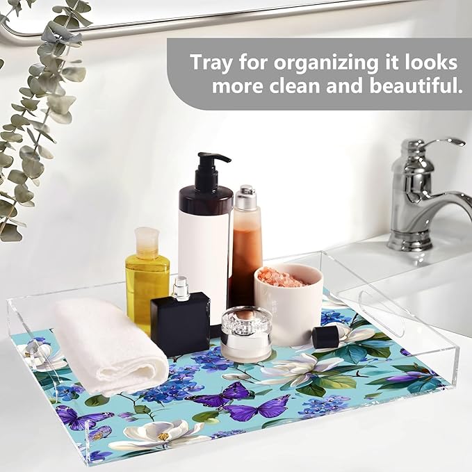 Serving Tray with Handles Clear Acrylic Tray 12x16 Inch Decorative Rectangular Tray Organizer for Ottoman Coffee Table Bathroom Elegant Hydrangeas Magnolias Butterflies