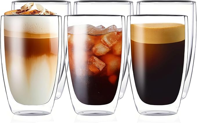 MESNEY 17oz(500ml) Double Walled Glass Coffee Mugs, Glass Coffee Mugs Set of 6, Insulated Clear Cappuccino Latte Mugs for Home, Cafe & Restaurant, Durable Stackable Drinking Glasses