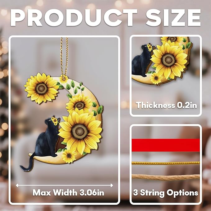 34HD Black Cat Christmas Ornament 2025 – Wooden Hanging Xmas Tree Ornament Decoration, Cute Christmas Keepsake Gifts and Home Decor with Sunflower Design for Cat Lovers and Garden Fans