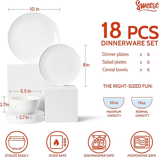 Sweese Porcelain Dinnerware Sets for 6, 18 Pieces Ceramic Plates and Bowls Sets, Handcrafted Minimalist Dinner Set, Chip and Scratch Resistant Dish Set, Dishwasher & Microwave Safe, White