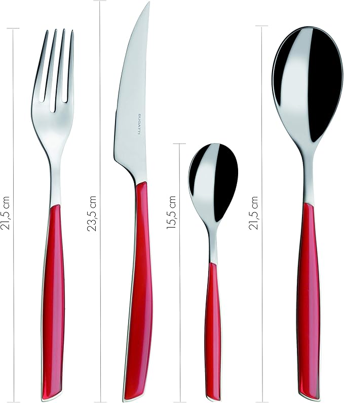 BUGATTI, Glamour 4 Piece Cutlery Set 18/10 Stainless Steel Red Handle Cutlery Set for 1 Person 1 Spoon Fork Knife Teaspoon