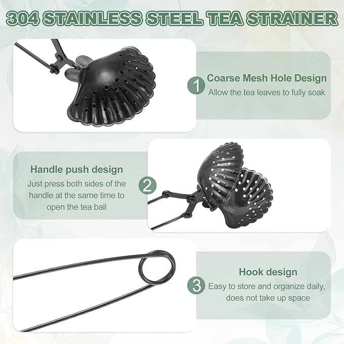uxcell 2 Pcs Tea Infuser, Stainless Steel Loose Leaf Tea Infuser Filter, Long Handle Tea Steeper Strainers for Cup and Teapot for Tearoom Office Home, Shell Shaped Black