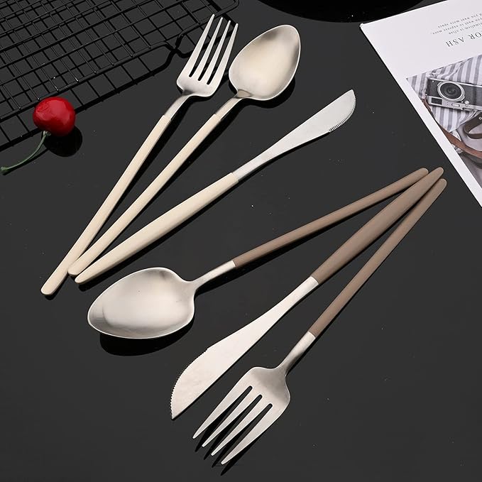 JASHII Slim Handle Silverware Set 20 Pieces, 304 Stainless Steel Colorful Flatware Set, Titanium Plating Cutlery Set, Utensil Sets for Home Dinner Service for 4, Dishwasher Safe - Brown&Silver