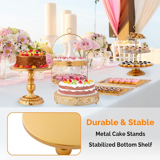 ROVSUN 10PCS Gold Dessert Table Display Set, Metal Cake Stand Set, Round Pedestal Tiered Cupcake Holder Fruit Candy Plate Serving Tower Tray Platter for Birthday Party Wedding Baby Shower Anniversary