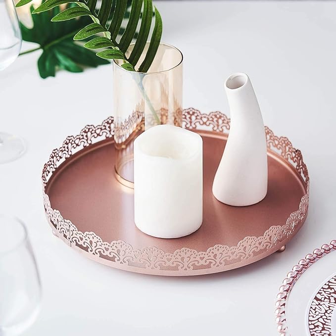 Plastic Round Premium Decorative Serving Tray with Embellished Rims - Rose Gold