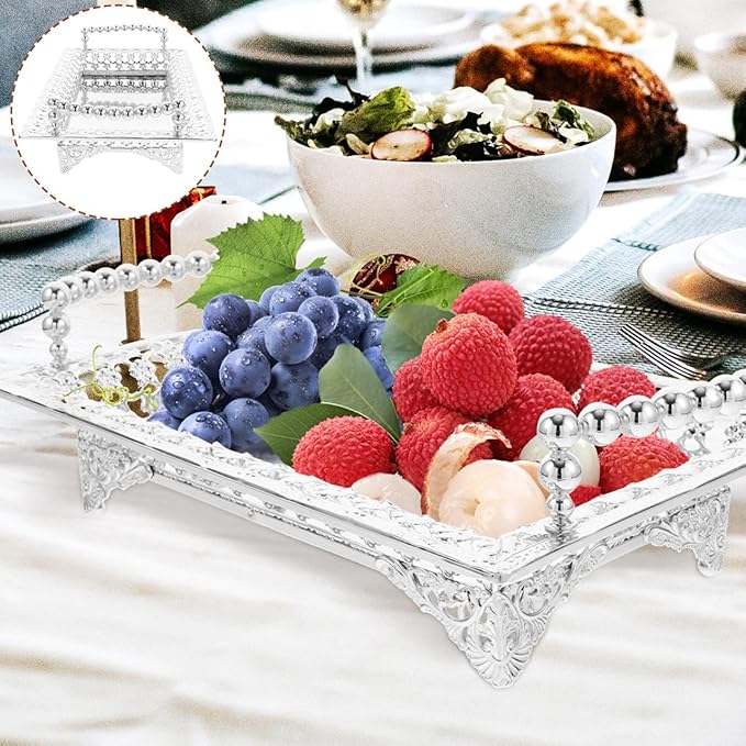 Metal Iron Fruit Serving Tray with Glass Stand, Rectangle Glitter Party Tray Dry Nut Dish with 2 Handle Veggie Candy Bowl for Table Dessert Snack Silver, 10.6X7X2.4in