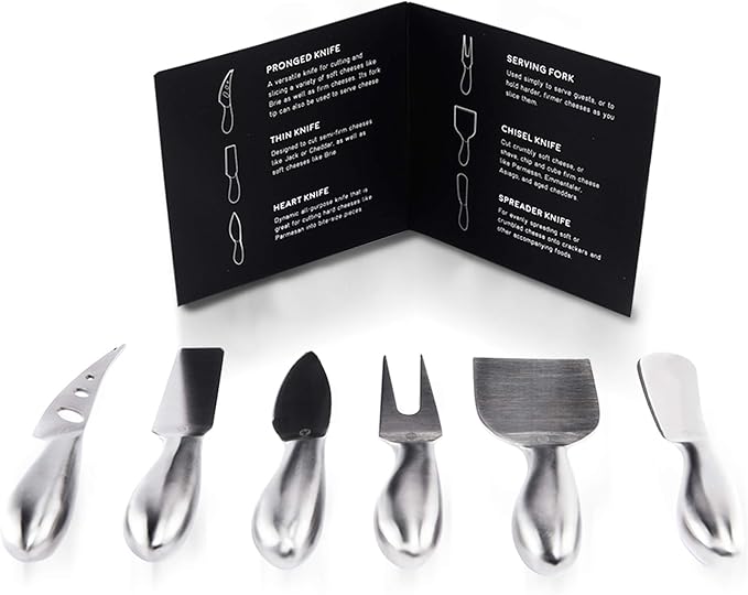 Lunar 6-Piece Cheese Knife Set - Premium Stainless Steel Cheese Knives Collection - Charcuterie Board Accessories Gift Ready w/ 15 Festive Recipes