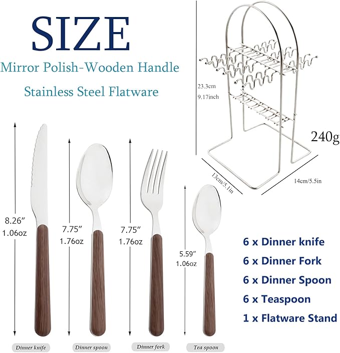 24-Piece Wooden Handle Stainless Steel Flatware Set With Cutlery Holder, Hanging Tableware Home Kitchen Utensils Service For 6, Mirror Silver Polish