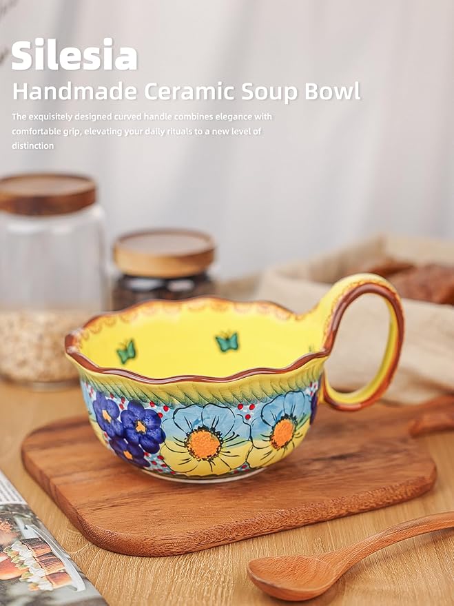 silesia Handmade Ceramic Soup Bowl, 30 oz Hand Painted Bowl with Loop Handle, Floral Design Cereal Bowl for Soup, Ice cream, Snack, Microwave & Dishwasher Safe (Glazed Yellow)