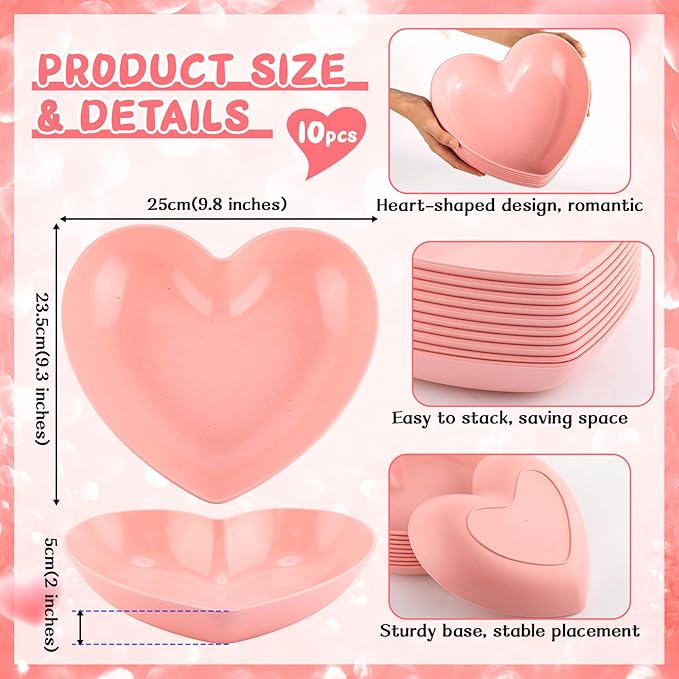 10-Pack 9.8 Inch Valentine's Day Candy Dish Heart Shaped Candy Bowl Plastic Dessert Plates Heart Shaped Dinner Bowl Party Serving Dishes for Salad, Cake, Snack, Waffles, Fruit, Appetizer(Pink)