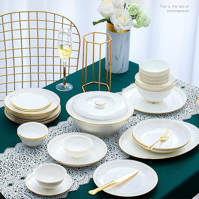 36Pcs Ceramic Dinnerware Set, White with Gold Edge, Luxury Tableware Set for 6,