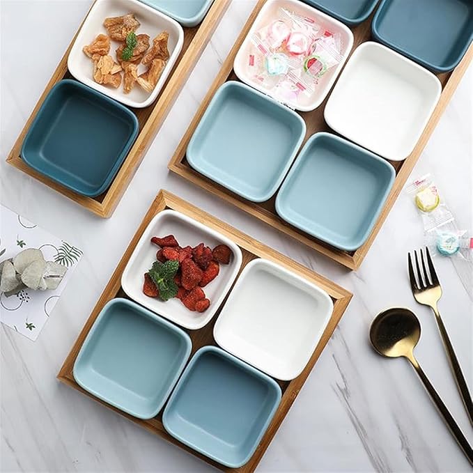 Sauce Dish 2pcs Snack Serving Platter with Tray Ceramic Fruit Appetizer Nuts Vinegar Serving Plate Sauce Dish for Home Party Restaurant(Two Compartments) Dipping Bowls (A)