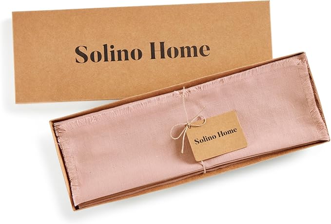 Solino Home Fringe Linen Placemats Set of 4 - Misty Pink Placemats 14 x 19 Inch - 100% Pure Linen Table Mats for Christmas
