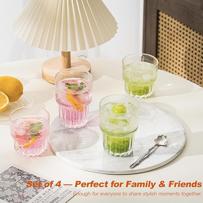 Scidea 11oz Drinking Glasses Set of 4, Juice Glasses Stackable Tall Glass Mugs for Tea Iced latte Coffee Glass, Beer Glasses, Cocktail Glasses,Water glasses for bar, restaurant