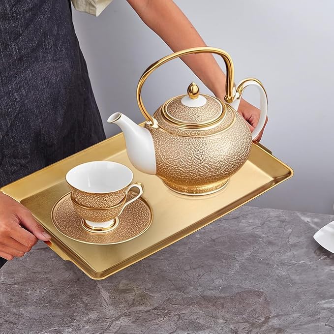 15.8" x 9.5" Large Serving Platters Set of 2, Stainless Steel Heavy-Duty Large Serving Trays, Gold Rectangular Plates for Food, Fruit, Party, Wedding, Christmas, Chip and Scratch Resistant