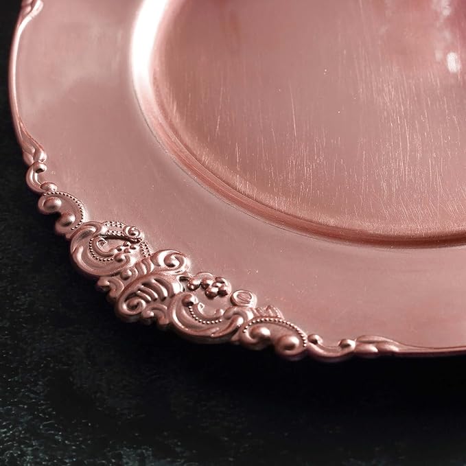 13" Charger Plates -Set of 24 - Acrylic Rose Gold Round Baroque Disposable Chargers Leaf Embossed Rim, Ideal for Dinner Party Wedding Bulk Events