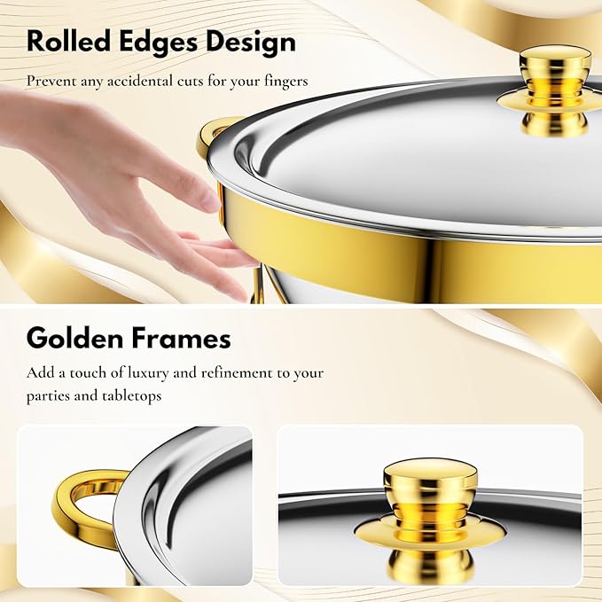 Gold Chafing Dishes for Buffet Set of 6, 5QT Round Chafing Dish Buffet Set, Chafer and Buffet Warmer Set, Stainless Steel Food Warmer for Parties Buffet, Party Food Warmer Buffet Set with Tongs