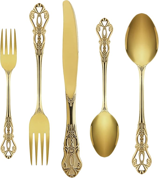 Gold Silverware Set for 12, Stainless Steel Gorgeous Retro Royal Flatware Set, 60-Pieces Cutlery Tableware set, Kitchen utensils set Include Spoons And Forks Set, Mirror Finish, Dishwasher Safe