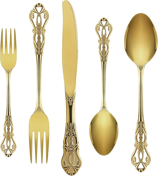 Gold Silverware Set for 12, Stainless Steel Gorgeous Retro Royal Flatware Set, 60-Pieces Cutlery Tableware set, Kitchen utensils set Include Spoons And Forks Set, Mirror Finish, Dishwasher Safe