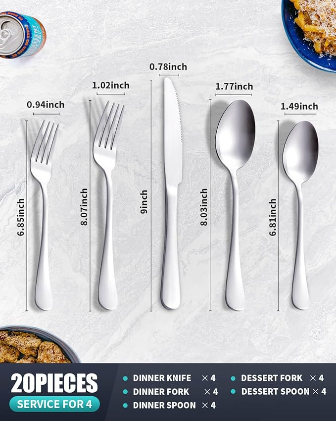 20-Piece Matte Silverware Set for 4, Stainless Steel Rustic Flatware, Modern Cutlery Utensils, Spoons and Forks for Restaurant, Dishwasher Safe