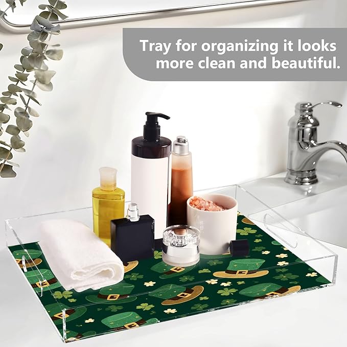 Serving Tray with Handles Clear Acrylic Tray 12x16 Inch Decorative Rectangular Tray Organizer for Ottoman Coffee Table Bathroom Dark Green Shamrocks and Hats