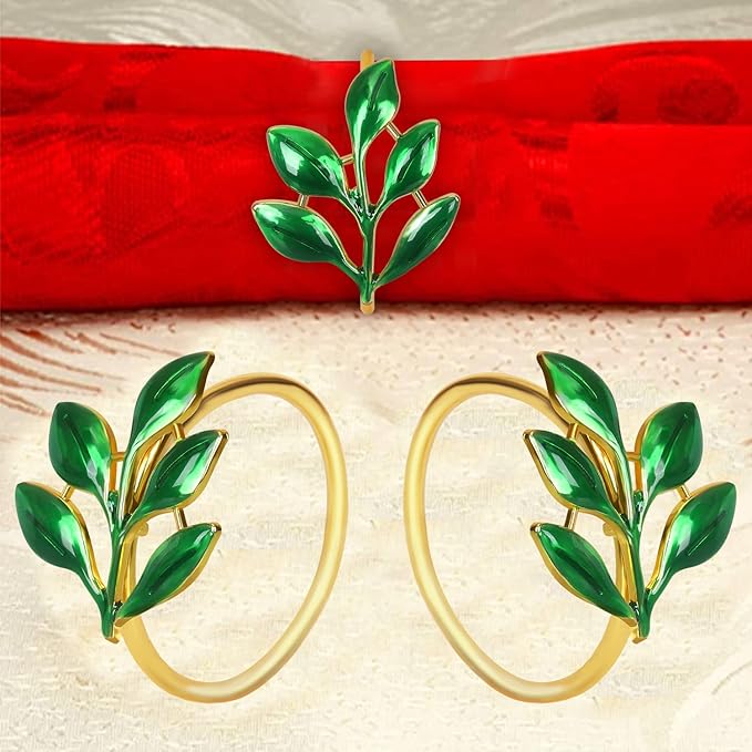 KPOSIYA Set of 12 Leaf Napkin Rings Metal Gold Napkin Holder Table Napkin Rings for Thanksgiving Day Christmas Dinning Table Parties Everyday (Ye Zi-Green 12)