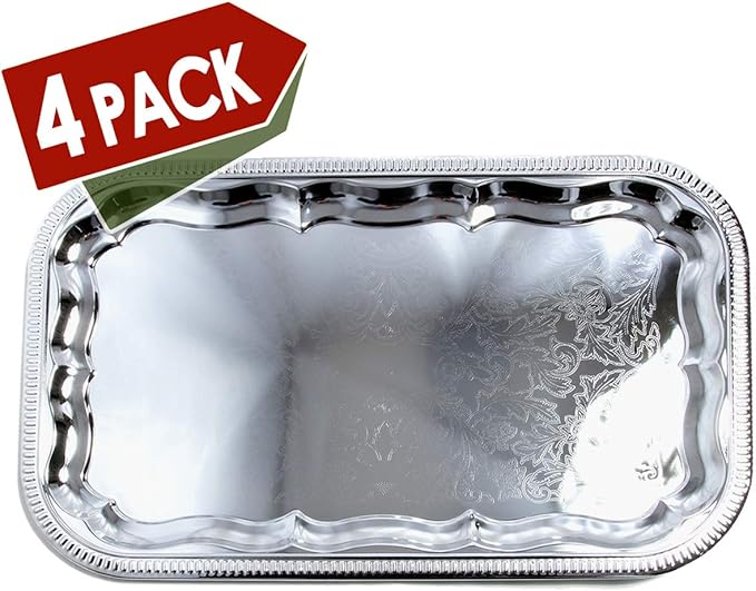 (Pack of 4) 20.9" x 12.8" Traditional Rectangular Trim Floral Pattern Engraved Catering Chrome Plated Serving Plate Mirror Tray Platter Tableware Holiday Party Serving (Large) T227L-4PK