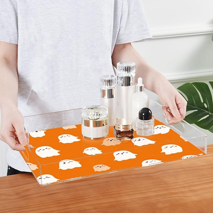 Serving Tray with Handles Clear Acrylic Tray 12x16 Inch Decorative Rectangular Tray Organizer for Ottoman Coffee Table Bathroom Halloween Ghosts Orange