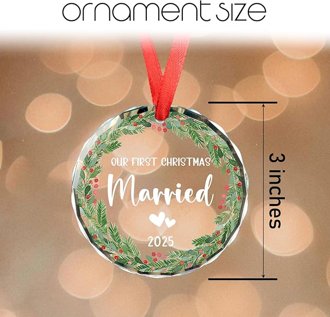 Our First Christmas Married 2025, Wedding Gifts for Couples 2025, Mr and Mrs Gifts, Engagement Gift for Newlyweds, Bridal Shower Gift Keepsake, 1st Married Glass Christmas Ornaments 2025