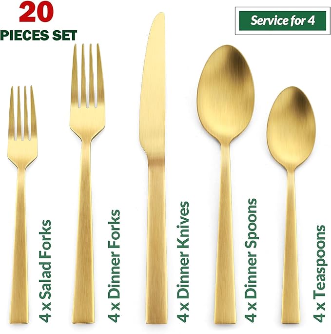 20-Piece Matte Gold Silverware Set, E-far Stainless Steel Flatware Set Service for 4, Metal Cutlery Eating Utensils Tableware Includes Forks/Spoons/Knives, Square Edge