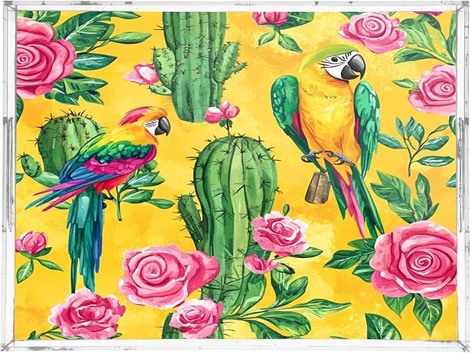 Serving Tray with Handles Clear Acrylic Tray 12x16 Inch Decorative Rectangular Tray Organizer for Ottoman Coffee Table Bathroom Yellow Cute Cacti Parrots and Roses