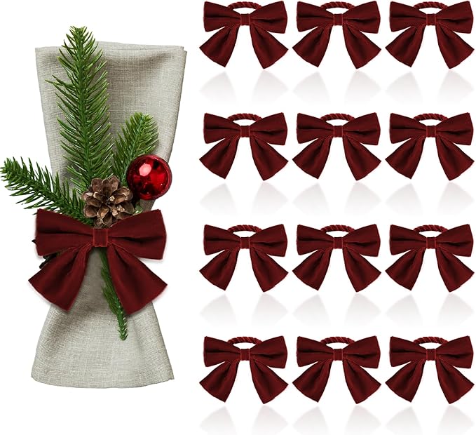 12 Pcs Burgundy Christmas Bow Napkin Rings,Chic Xmas Velvet Napkin Ring Holders for Holiday Serviette Birthday Anniversary Party Dinner Wedding Dining Tableware Decoration