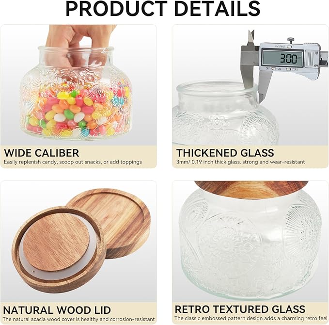 25 Oz Glass Candy Jar with Wooden Lid - Vintage Airtight Food Storage Container for Kitchen Pantry Office Decor, Clear Cookies Canister Organize Coffee Sugar Tea Spice Nuts Snacks