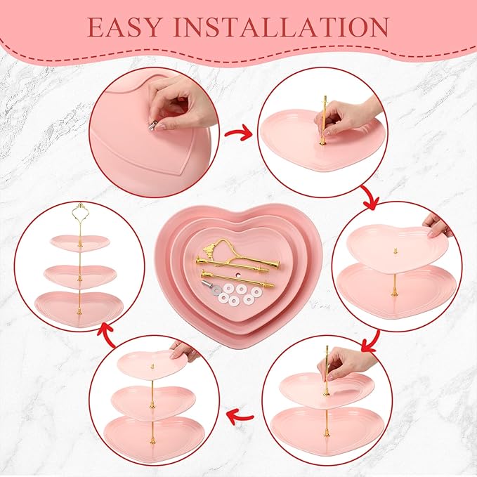 Layhit 1 Pack Valentine's Day 3 Tier Cupcake Stand Heart Shaped 3 Tiered Serving Trays for Party Plastic Tray Dessert Cupcake Stand for Tea Party Baby Shower Wedding (Pink)