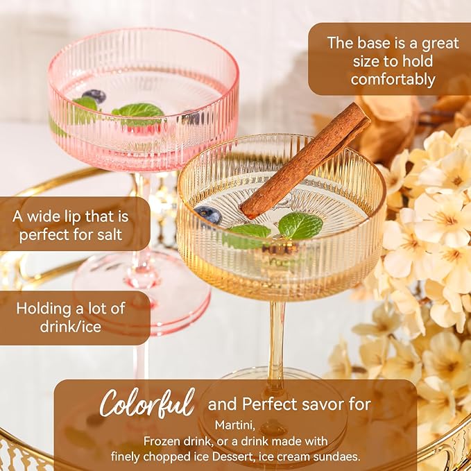 Cyrelwing 9 oz Colored Coupe Glasses Set of 6 Ribbed Colorful martini Glasses for espresso dessert