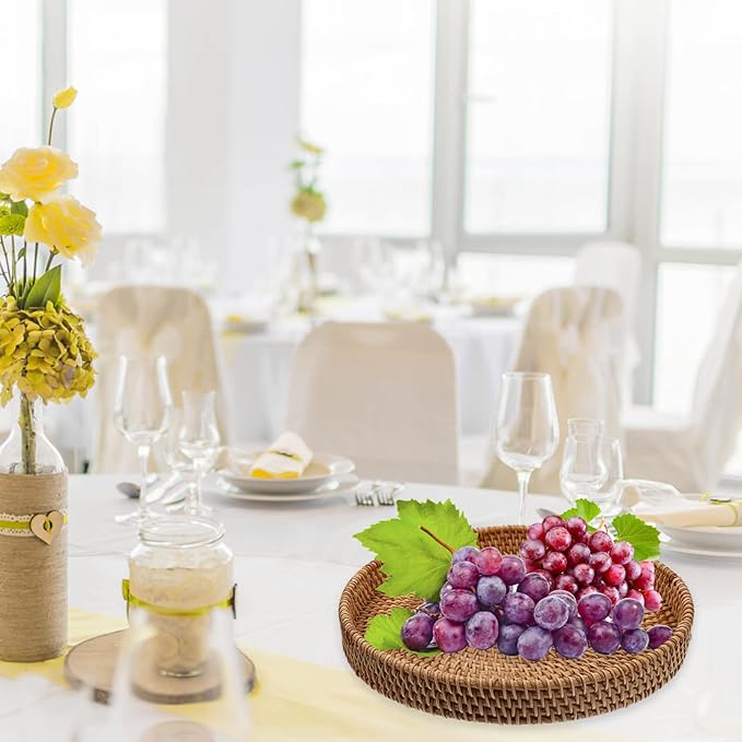 DOITOOL Stackable Rattan Serving Tray Multi-Function Woven Fruit Plate for Snacks Desserts and Coffee Storage for Home Decor and Entertaining