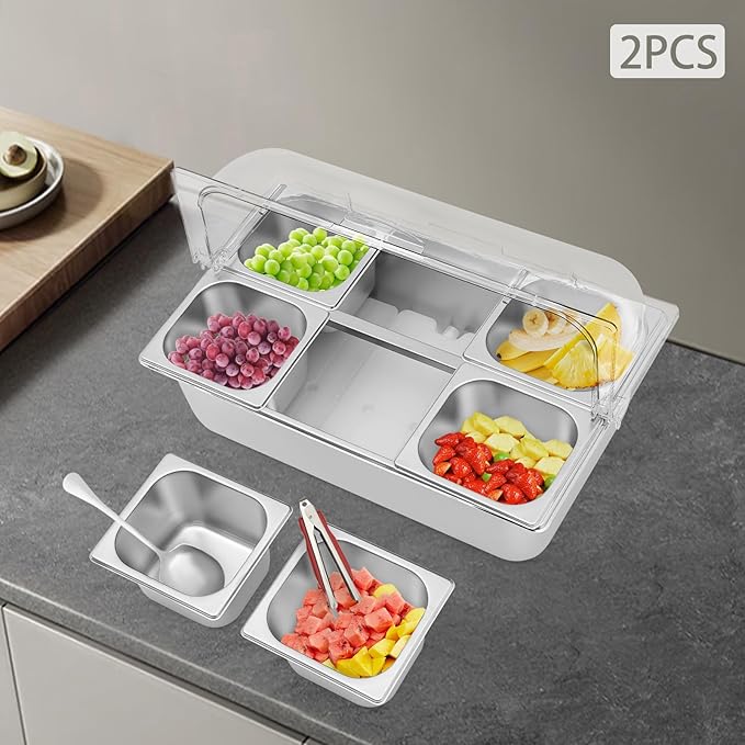 2Pcs 6 Pans Ice Food Serving Display Container w/Clear Roll Top Cover, Stainless Steel Serving Tray Catering Supplies Buffet Display Condiment Dispenser Plate Case for Restaurant Hotel Kitchen
