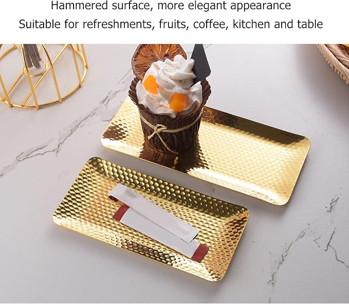 Hammered Trays, 25x11cm/9.8x4.3in Towel Hammered Trays Serving Tray Stainless Steel Multi Purpose Dishwasher Safe Dessert Tray Plate for Home Restaurant Silver (Gold)
