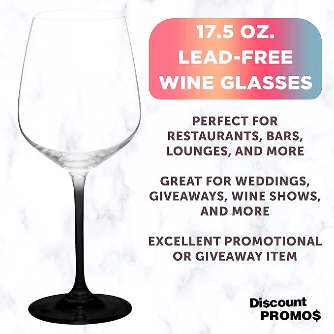 DISCOUNT PROMOS Wine Glasses 17.5 oz. Set of 12, Bulk Pack - Restaurant Glassware, Perfect for Red Wine or White Wine - Black
