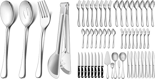 LIANYU 53-Piece Silverware Set for 8 with 12-Piece Large Serving Utensils Set, Include 9.8 Inch Slotted Serving Spoons and Forks, 9.4 Inch Serving Tongs, Stainless Steel Hostess Serving Flatware Set
