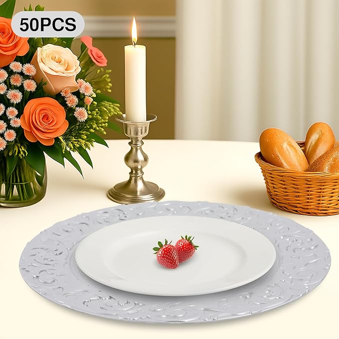 50 Pcs Antique Charger Plates Bulk Round Plastic Dinner Plate Embossed Rim Server Plate Decorative Chargers Floral Plates for Dinner Parties Wedding,13 Inch (silver-50pcs)