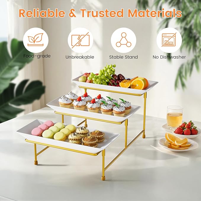 3 Tier Serving Tray for Party, 12"x6" Tiered Serving Platters with Steel Display Stand for Sevring Food,Cookies,Veggie, Dessert,Fruit, Gold