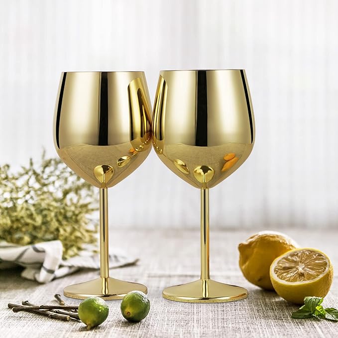 Lifecapido Stainless Steel Wine Glasses Set of 8, 18oz Stainless Steel Wine Goblets, Stemmed Metal Wine Glasses with Cup Brush for Party Office Wedding Anniversary, Great for Red White Wine (Gold)